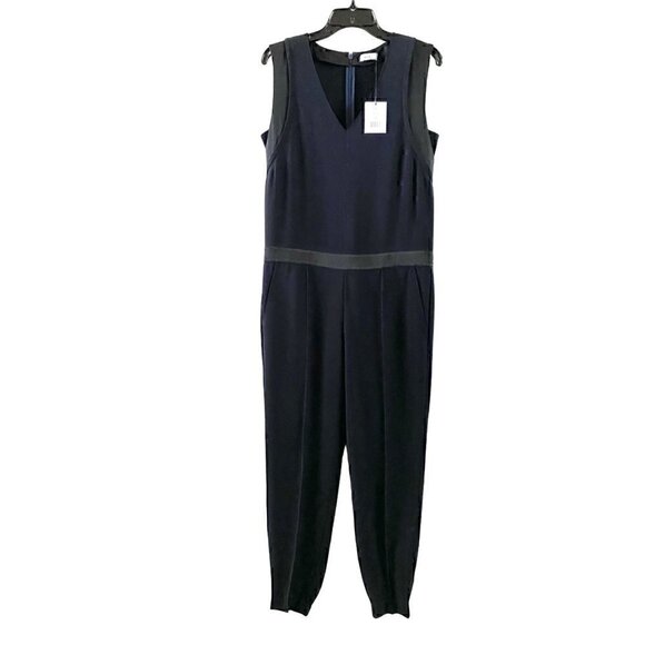 Vince Navy Blue Pintuck Jumpsuit Size 4 Sleeveless Slim Leg V Neck Cuffed Ankle - Picture 3 of 13